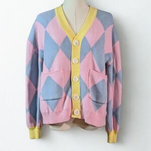 Steady Hands Howls Moving Castle Argyle Cardigan Pink Blue Yellow Small